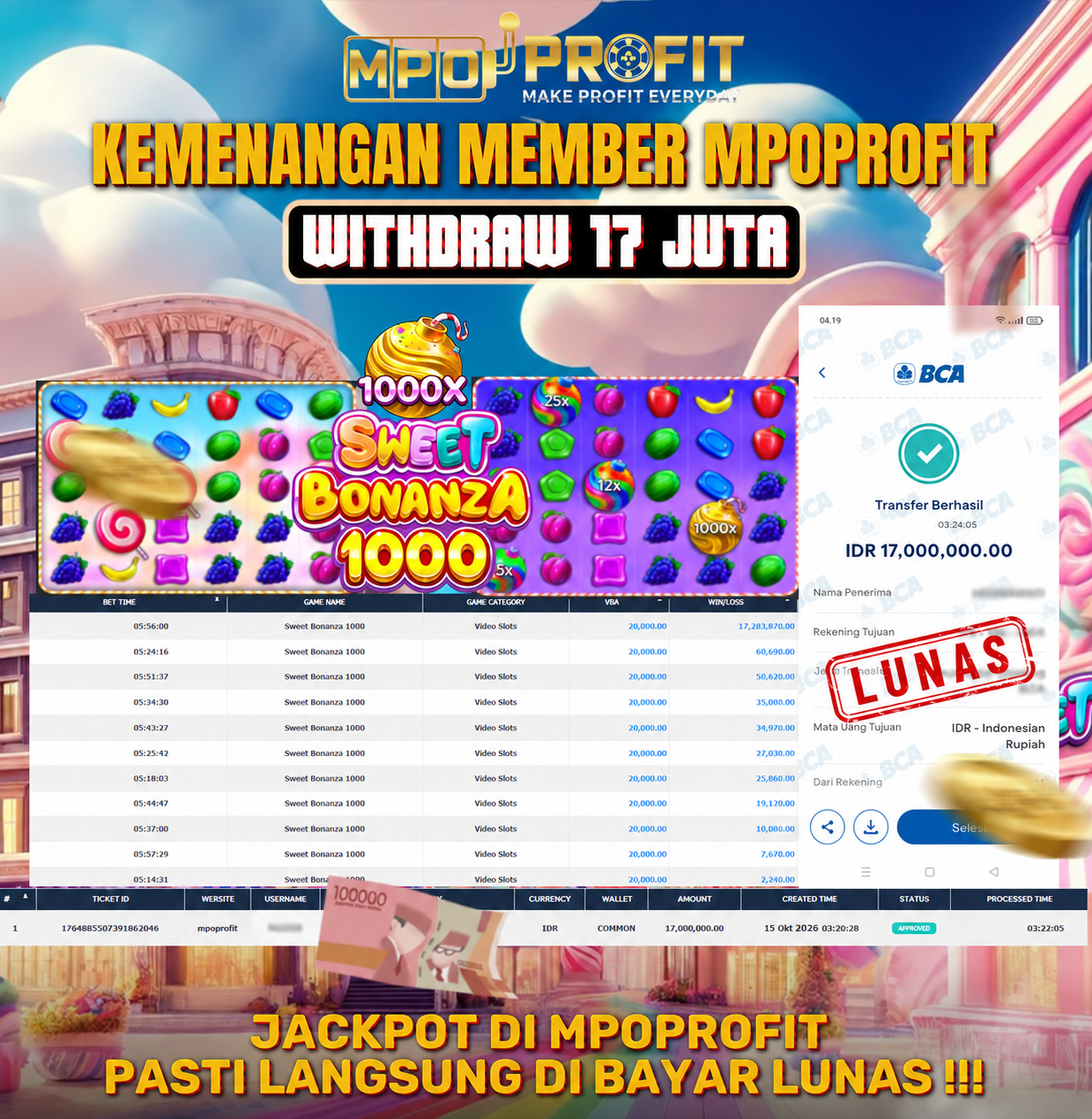 MPOPROFIT JACKPOT PRAGMATIC PLAY! KEMENANGAN MURNI DI (SWEET BONANZA 1000 TOTAL RP. 17.000.000,- LUNAS)
