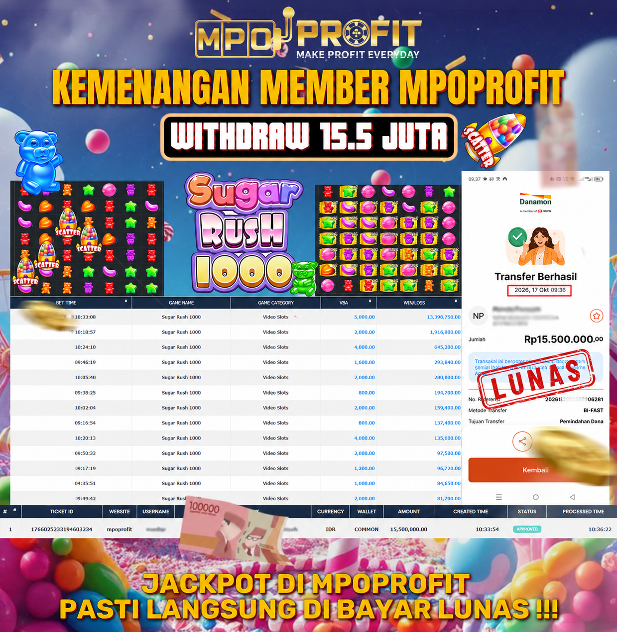 MPOPROFIT JACKPOT PRAGMATIC PLAY! KEMENANGAN MURNI DI (SUGAR RUSH 1000 TOTAL RP. 15.500.000,- LUNAS)